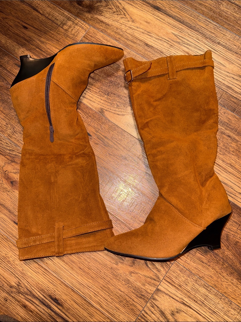 Women's Knee-High Faux Suede Wedge Boots in Cognac Brown